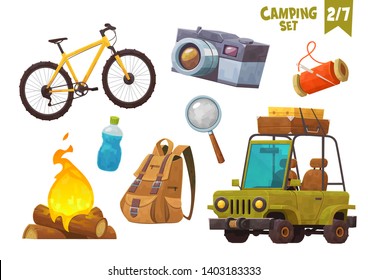 Bike bonfire backpack car with suitcases bottle camera camping set vector