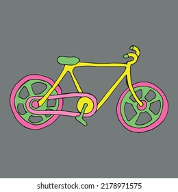 Bicicleta. Bicicleta brillante. Bicicleta vectorial. Aislado en un fondo gris. Dibujado a mano. Colores para niños y adultos. Caricatura