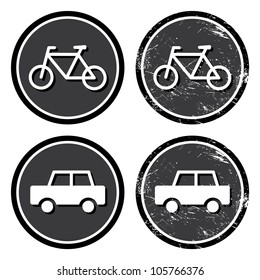 Bike and  car icons retro label. Car rental, sport, holidays concept grunge badges.