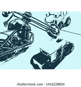 Bike and Car Vintage Illustration for poster and wall display