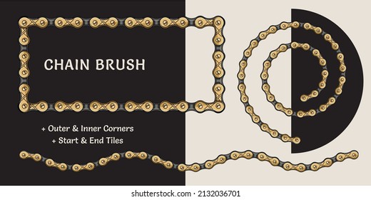 Bike chain pattern brush with corners, end and start tiles. Gold color. For vintage design of logo, emblem, symbol, sign, badge, label, stamp. Isolated on white and black background