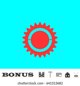 Bike chainring, chainwheel icon flat. Red pictogram on blue background. Vector illustration symbol and bonus buttons Music center, corkscrew, credit card, house, drum