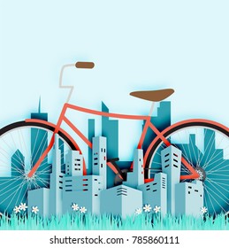 Bike In The City With Paper Cut Style Vector Illustration