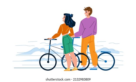 Bike Coast Having Man And Woman Together Vector. Young Boy And Girl Enjoying Bike Coast Sportive Activity And Countryside Adventure. Characters Riding Bike Flat Cartoon Illustration