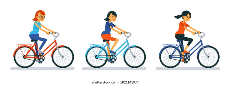 Bike commute. Woman on bicycle. Cartoon Cyclist. Girl character. Vector illustration.