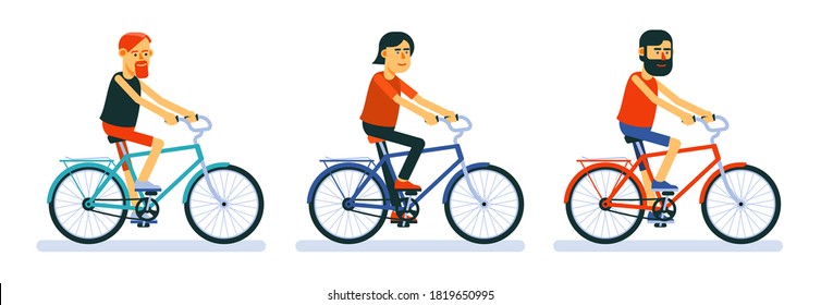 Bike commute.Cyclists on bicycles cartoon style, different designs. Vector illustration.
