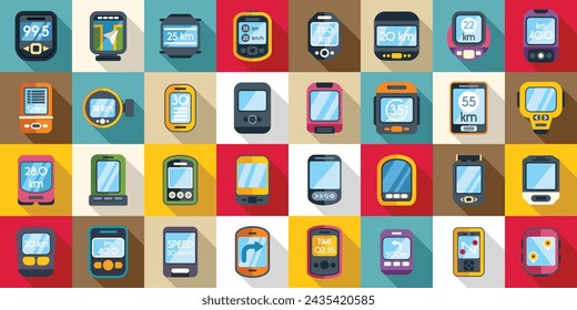 Bike computer icons set flat vector. Road digital sports. Healthy speed