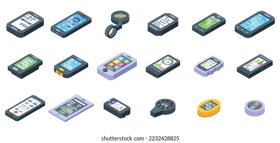 Bike-Computer-Symbole setzen isometrische Vektorgrafik. Straße digital. Sportenergie