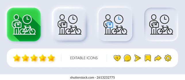 Bike courier line icon. Neumorphic, Flat shadow, 3d buttons. Delivery bicycle sign. Fast city transport symbol. Line bike courier icon. Social media icons. Vector