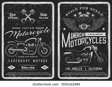 Afiches de época para motocicletas y motocicletas personalizadas. Servicio mecánico de motocicletas americano, estación de reparación o talleres de ciclismo pancartas gruesas. Bicicletas de helicóptero clásicas vectoriales, bloques de motor y pistones