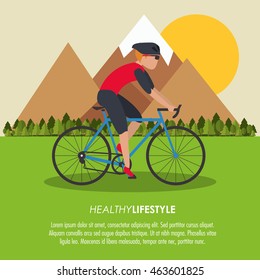 bike cycle bicycle racing man male boy cartoon helmet challenge yourself landscape mountain trees sun icon. Colorfull illustration. Vector graphic