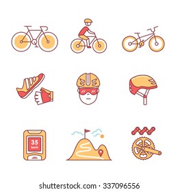 Ciclismo de bicicleta e acessórios de bicicleta conjunto de sinais. Ícones de arte de linha fina. Ilustrações de estilo plano isoladas em branco.