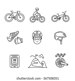 Conjunto de sinais de bicicleta e acessórios para ciclismo. Ícones de arte de linha fina. Ilustrações de estilo linear isoladas no branco.