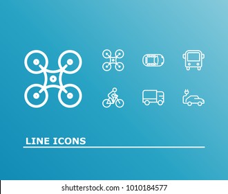 Bike with cyclist and vehicle icon line set with truck, bus and electrocar. Automotive related vehicle icon vector items for web UI logo design.