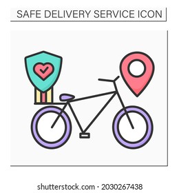Bike delivery color icon. Delivery bike with corona virus stop and location. Safe and fast food and order delivery service in corona virus pandemic. Isolated vector illustration