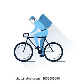 Bike delivery flat illustration. Courier delivery man on bicycle with parcel box on the back. Vector illustration of a city bike delivering service with a cyclist in a hat carrying package