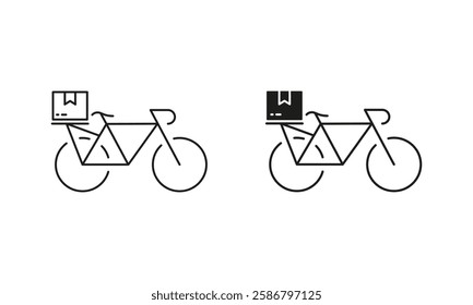 Bike Delivery Service Line and Silhouette Icon Set. Bicycle Shipping Pictogram. Editable Stroke. Isolated Vector Illustration.