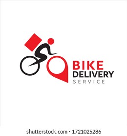 Bike delivery service logotype concept design. Map tag bike and cyclist delivery man with bag. Editable EPS vector