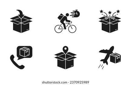 Bike Delivery Service Silhouette Icon Set. Global Shipping Glyph Pictogram. Parcel Box Solid Sign. Air Transportation, Order Shipment Symbol Collection. Isolated Vector Illustration.