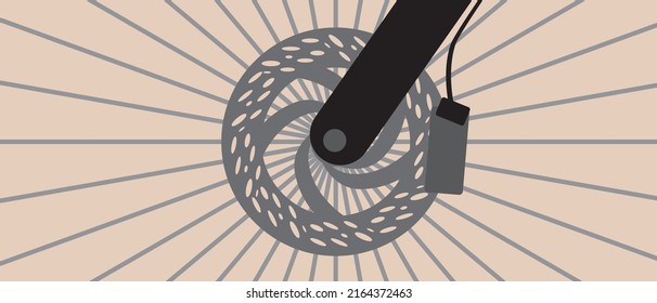 Bike details, close-up. Flat vector stock illustration. Concept of sport, there are no people. Brake disc, pads and bicycle wheel with spokes