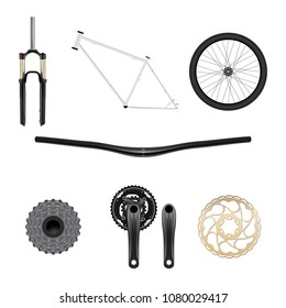 Bike details. Set of bicycle icons. Bicycle frame, fork, crankspins, Bicycle star ratchet, brake rotor, steering wheel. Vector bicycle parts.