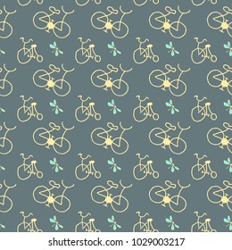 Bike and dragonfly vector seamless pattern on grey background