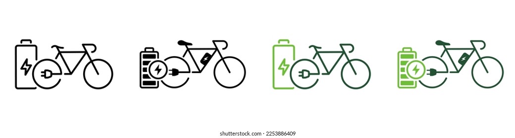 Bike with Eco Renewable Accumulator Line and Silhouette Icon Color Set. Electric Bicycle and Charge Battery. Green Energy Transport Symbol Collection on White Background. Isolated Vector Illustration.