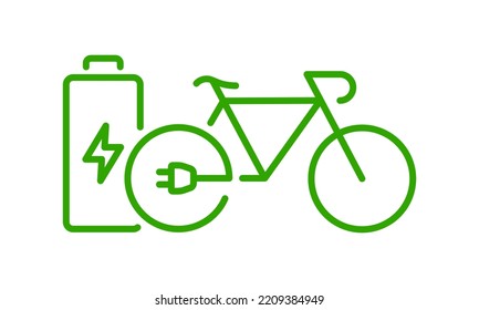 Bike with Eco Reuse Accumulator Line Icon. Electric Bicycle and Renewable Charge Battery, Plug and Lightning Sign. Green Energy Transport Outline Symbol. Editable Stroke. Isolated Vector Illustration.