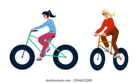 bike fat biking woman vector. exercise sport, health workout, club girl bike fat biking woman character. people flat cartoon illustration