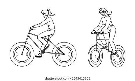 bicicleta de bicicleta de bicicleta de bicicleta vetor mulher. esporte de exercício, exercício de saúde, clube menina bicicleta de bicicleta de gordura personagem mulher. pessoas linha preta lápis desenho ilustração