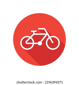 Icono plano en bicicleta sobre botón redondo en estilo de sombra larga.