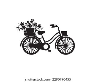 Bike with flower basket illustration isolated on white background, vector. Minimalist black and white poster design. Vintage wall art, artwork. 