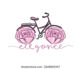 Bike and flower drawing. Pink elegant bicycle and text concept. Vector illustration design for fashion prints, t shirts, posters, gifts.
