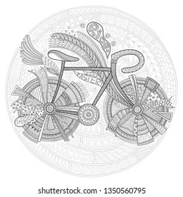 Bike with flower on white background. Hand-drawn, doodle, vector, design elements. Black and white background. Coloring book page for adult.