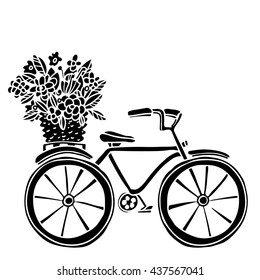 Bike, flowers in basket hand drawn black silhouette isolated on white background