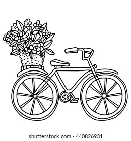 Bike, flowers in basket hand drawn black lines isolated on white background