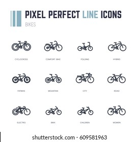 Bike frame icon set. All main frame styles in simple form and wheels. Line style, pixel perfect vector illustration