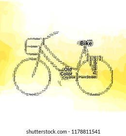 Bike with front basket word cloud vector design creative concept. Bike with front basket icon shape. Trendy vector word collection.