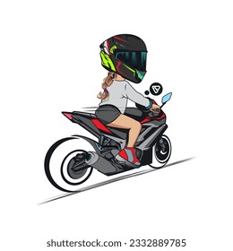 Bike Girl With Helmet Big Head Vector Illustration