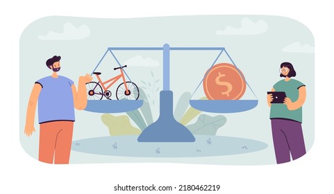 Bike and golden coin on scales flat vector illustration. Comparison, measurement, investment, profit, purchase concept for banner, website design or landing web page