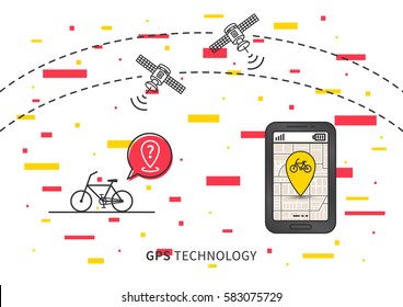 Bike GPS search vector illustration with decorative elements. Navigation technology for bike or bicycle creative concept. GPS satellites help to find bike graphic design.
