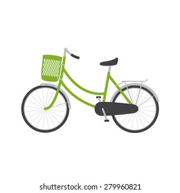 Bike with green colored female frame with pannier on handlebar, rear rack, big dark grey saddle, big wheels with mudguards. Logo template, design element