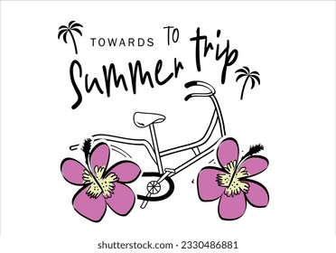 bike handdrawing with hibiscus flower design vector
