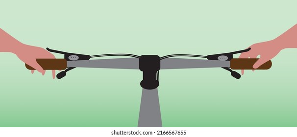 Manillar para bicicletas y manos para ciclistas. Ilustración de material vectorial plano. Concepto de deporte, no hay gente. vista en primera persona