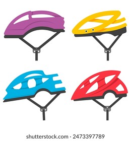 Cascos de bicicleta de Vector conjunto de dibujos animados aislados sobre un fondo blanco.