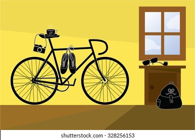 Bike and hipster's equipment in house