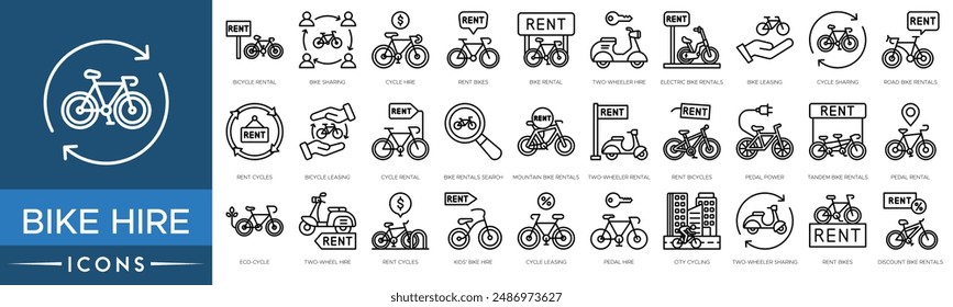 Bike Hire icon set. Bicycle Rental, Bike Sharing, Cycle Hire, Rent Bikes, Rental, Two Wheeler Hire, Electric Bike Rentals, Bike Leasing, Cycle Sharing