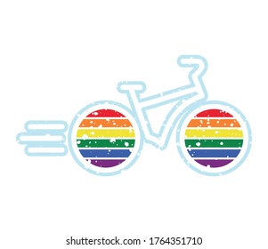 Bike icon with colors of lgbt flag wheels, vector on white background