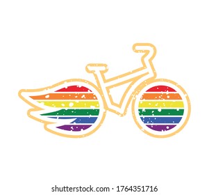 Bike icon with colors of lgbt flag wheels, vector on white background