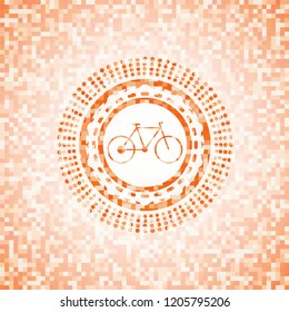 bike icon inside abstract emblem, orange mosaic background